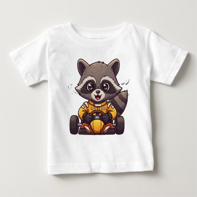 Cute Baby Raccoon Race Car Driver Baby T-Shirt (Front)