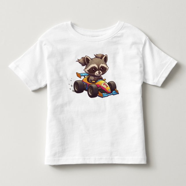 Cute Baby Raccoon Race Car Driver Toddler T-shirt (Front)