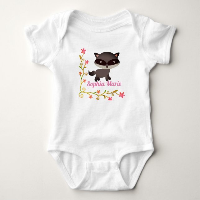 Cute Baby Raccoon with Flowers Baby Bodysuit (Front)