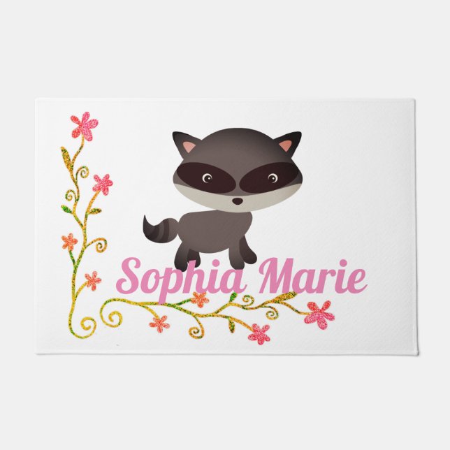Cute Baby Raccoon with Flowers Doormat (Front)