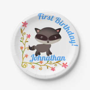 Cute Baby Raccoon with Flowers Paper Plates