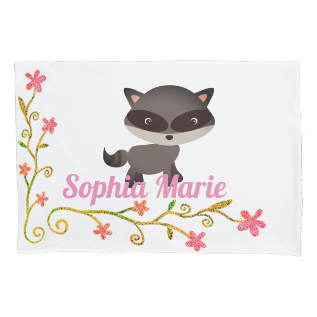 Cute Baby Raccoon with Flowers Pillow Case (Front)