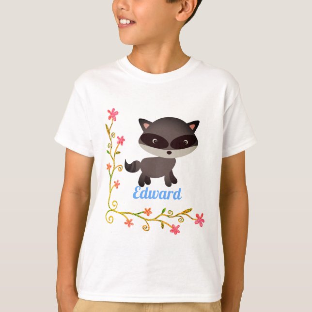 Cute Baby Raccoon with Flowers T-Shirt (Front)