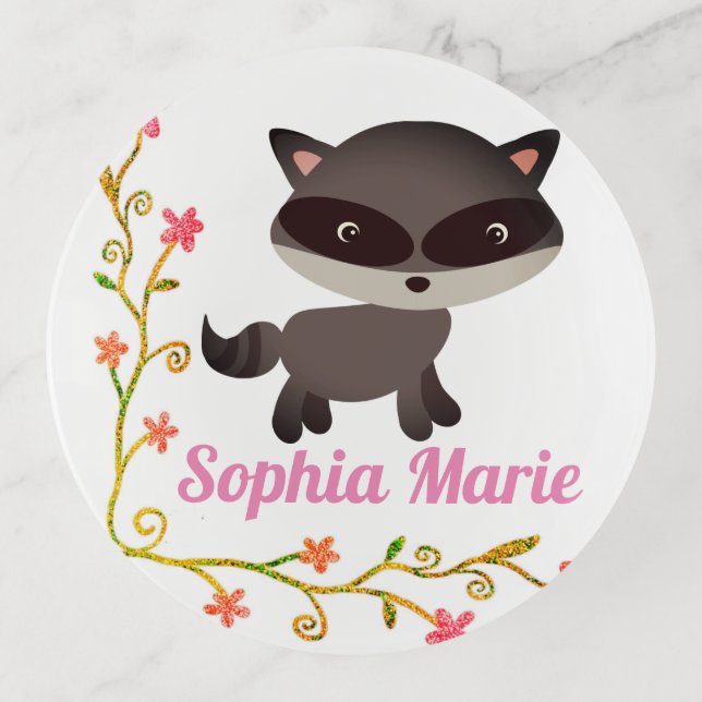 Cute Baby Raccoon with Flowers Trinket Tray (Front)