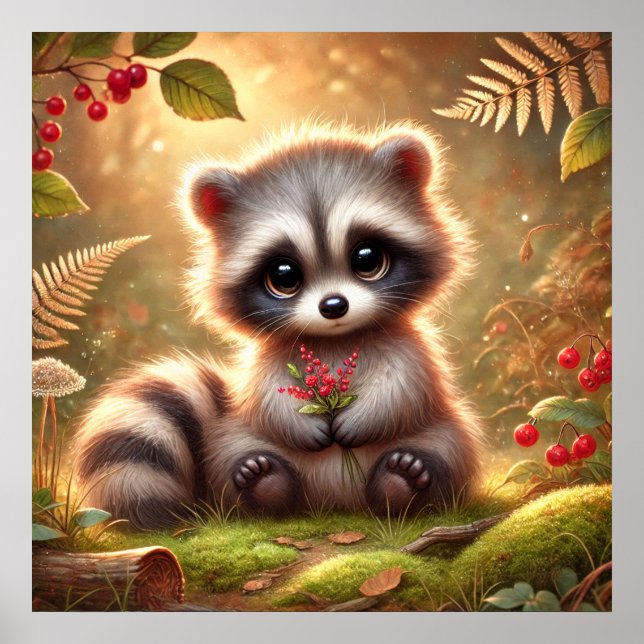 Cute Baby Raccoon with Red Berries – Woodland Fore Poster (Front)