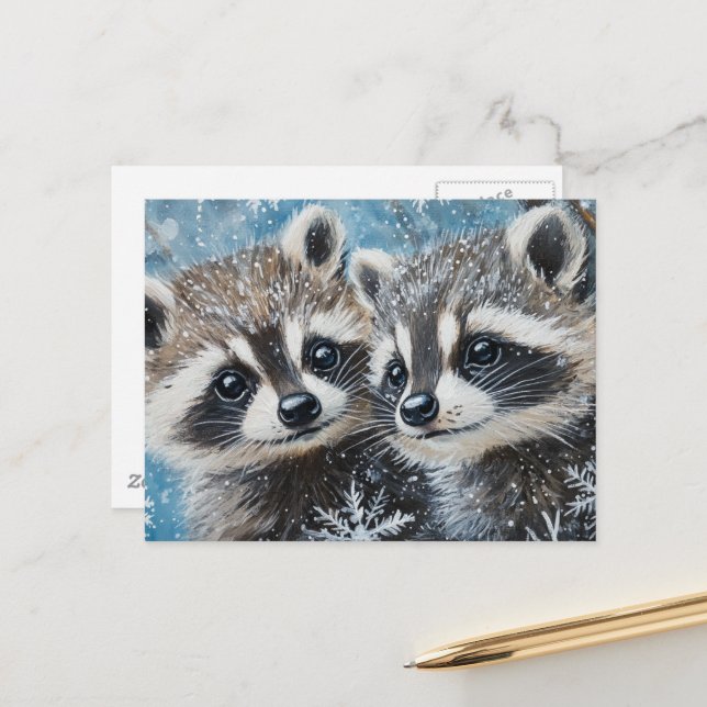 Cute Baby Raccoons Winter Snow Postcard (Front/Back In Situ)