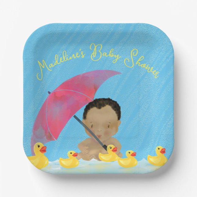 Cute Baby Rain Rubber Ducky’s Umbrella Baby Shower Paper Plates (Front)