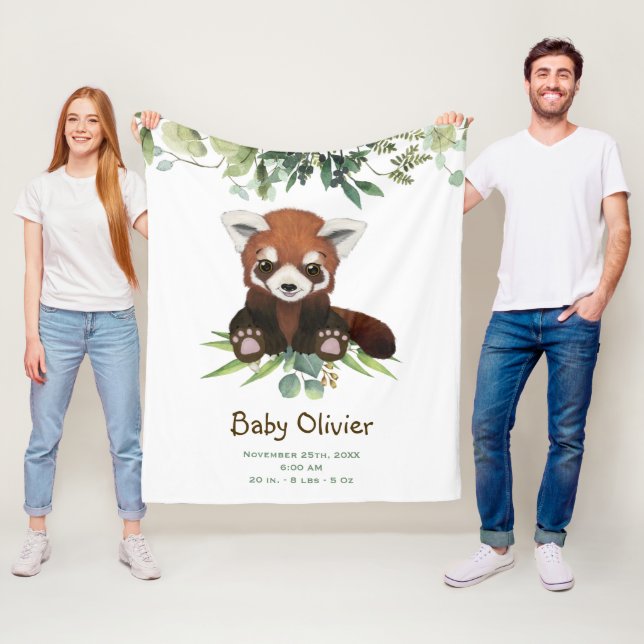 Cute Baby Red Panda Bear Eucalyptus Personalized Fleece Blanket (In Situ)