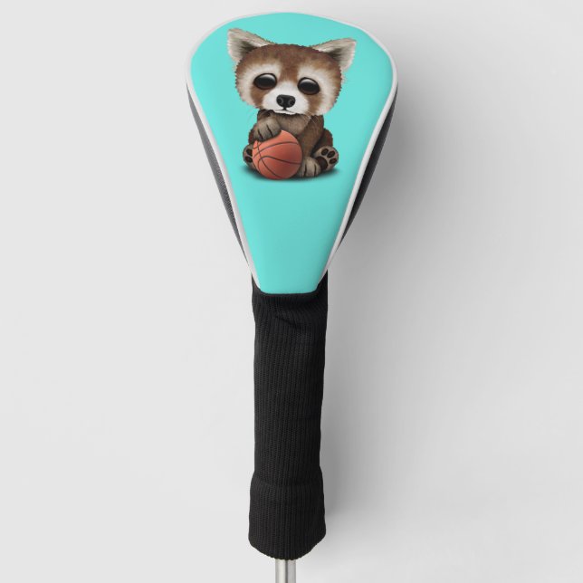 Cute Baby Red Panda Playing With Basketball Golf Head Cover (Front)