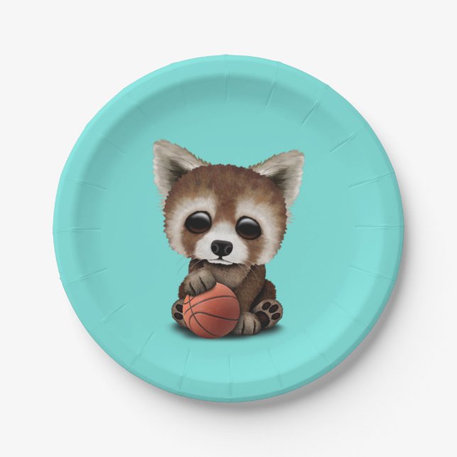 Cute Baby Red Panda Playing With Basketball Paper Plates (Front)