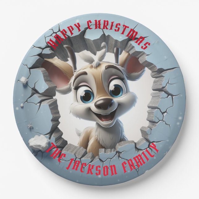 Cute Baby Reindeer 3D Christmas Paper Plates (Front)