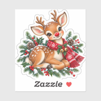 Cute Baby Reindeer Pine Berry Christmas Sticker