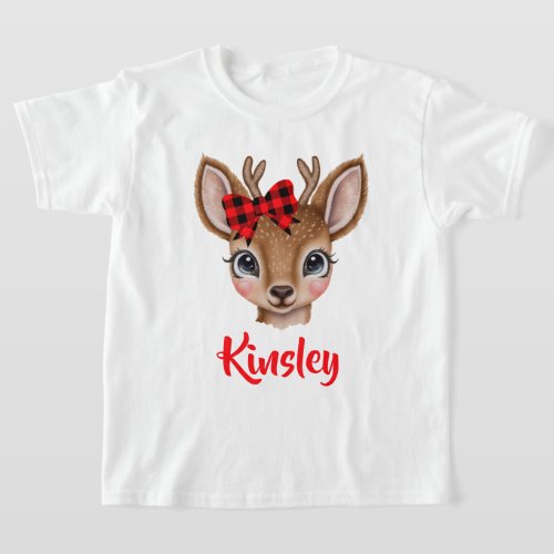 Cute Baby Reindeer Red Plaid Bow Personalized Name T_Shirt