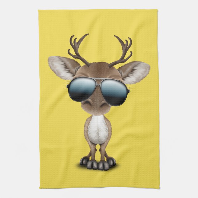 Cute Baby Reindeer Wearing Sunglasses Kitchen Towel (Vertical)