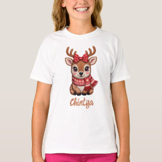 Cute Baby Reindeer With Red Scarf Watercolor T-Shirt