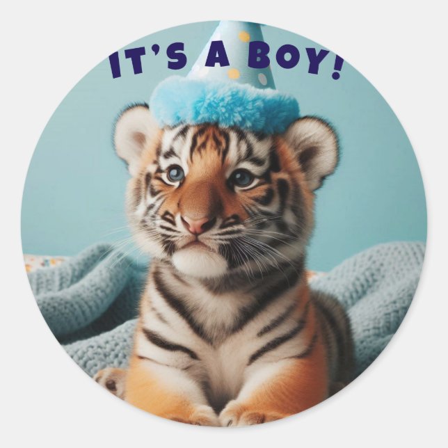 Cute Baby Reveal Boy Blue Baby Tiger Classic Round Sticker (Front)