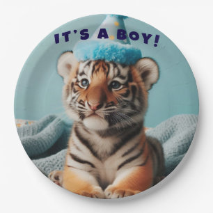 Cute Baby Reveal Boy Blue Baby Tiger Paper Plates