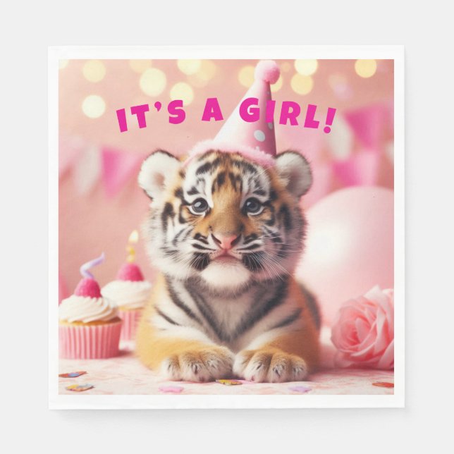 Cute Baby Reveal Girl Pink Baby Tiger Napkins (Front)