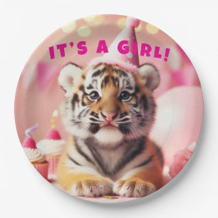 Cute Baby Reveal Girl Pink Baby Tiger Paper Plates
