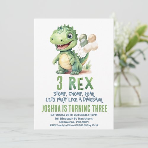 Cute Baby Rex Dinosaur 3rd Birthday Invitation