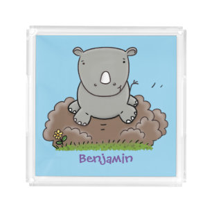 Cute baby rhino cartoon illustration acrylic tray