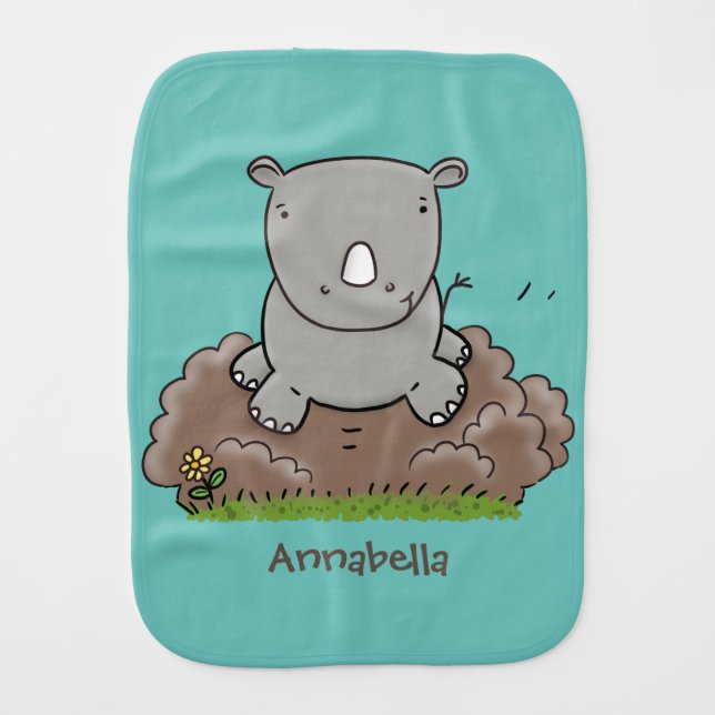 Cute baby rhino cartoon illustration baby burp cloth (Front)