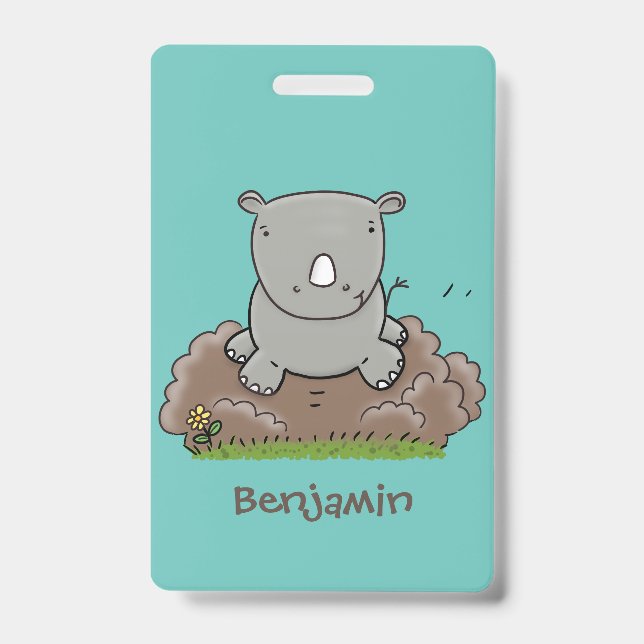 Cute baby rhino cartoon illustration badge (Front)