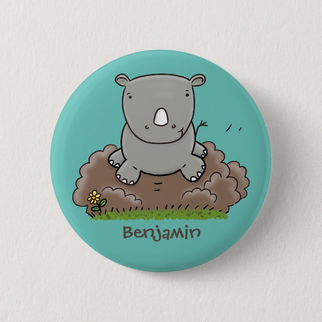 Cute baby rhino cartoon illustration button (Front)