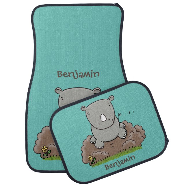 Cute baby rhino cartoon illustration car floor mat (Set)