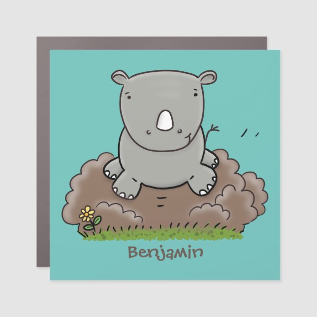 Cute baby rhino cartoon illustration car magnet (Front)