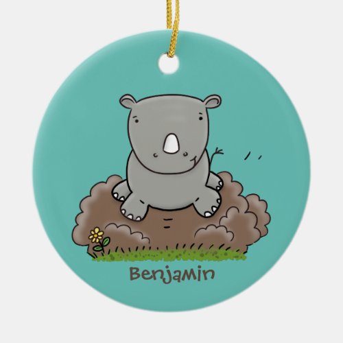 Cute baby rhino cartoon illustration ceramic ornament