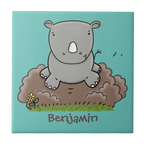 Cute baby rhino cartoon illustration ceramic tile