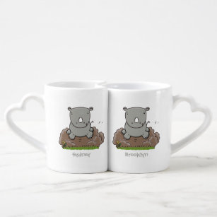 Cute baby rhino cartoon illustration coffee mug set