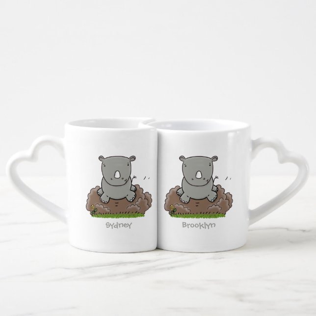 Cute baby rhino cartoon illustration coffee mug set (Back Nesting)