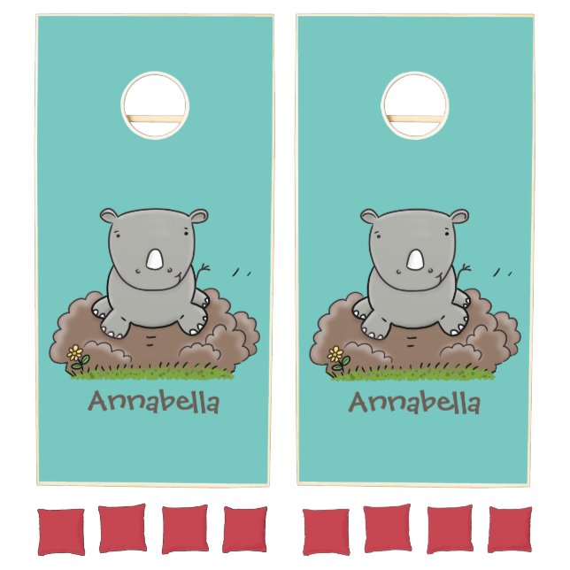 Cute baby rhino cartoon illustration cornhole set (Set)