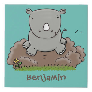 Cute baby rhino cartoon illustration faux canvas print