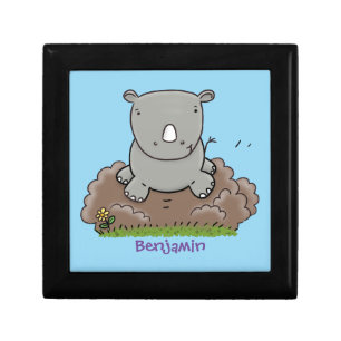 Cute baby rhino cartoon illustration gift box
