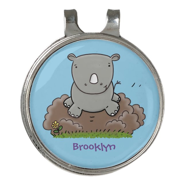 Cute baby rhino cartoon illustration golf hat clip (Front)