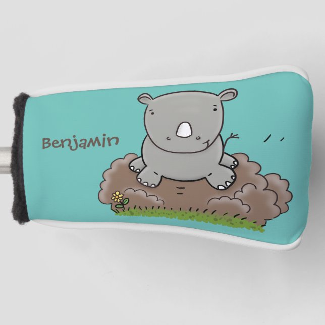 Cute baby rhino cartoon illustration golf head cover (Front)
