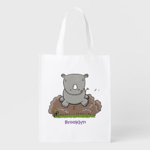 Cute baby rhino cartoon illustration grocery bag