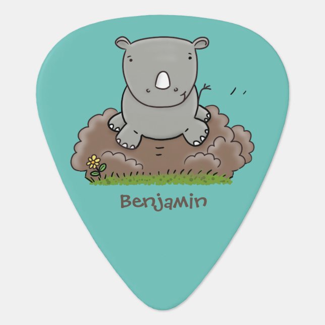 Cute baby rhino cartoon illustration guitar pick (Front)