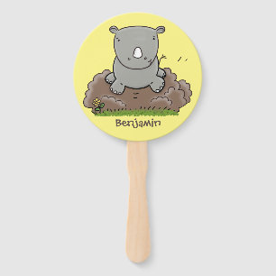 Cute baby rhino cartoon illustration hand fan