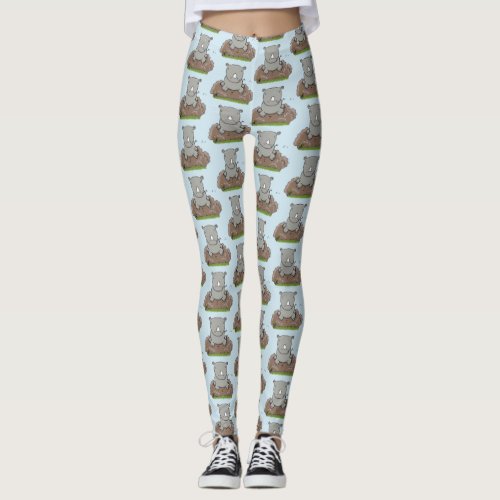 Cute baby rhino cartoon illustration leggings