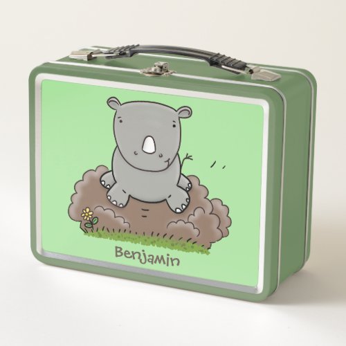 Cute baby rhino cartoon illustration metal lunch box