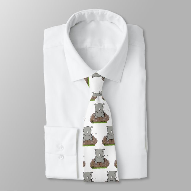 Cute baby rhino cartoon illustration neck tie (Tied)