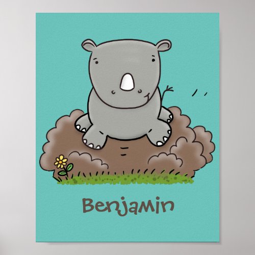 Cute baby rhino cartoon illustration poster