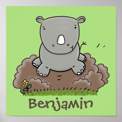 Cute baby rhino cartoon illustration poster