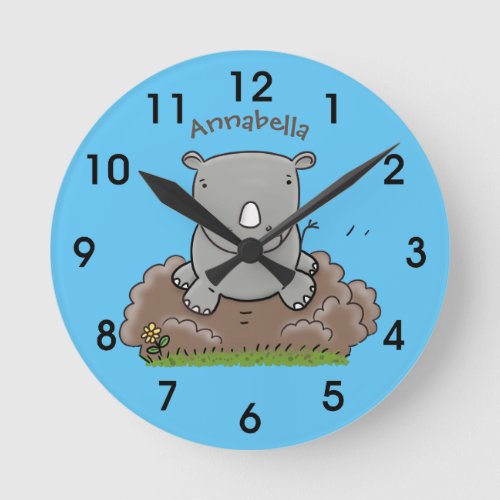 Cute baby rhino cartoon illustration round clock