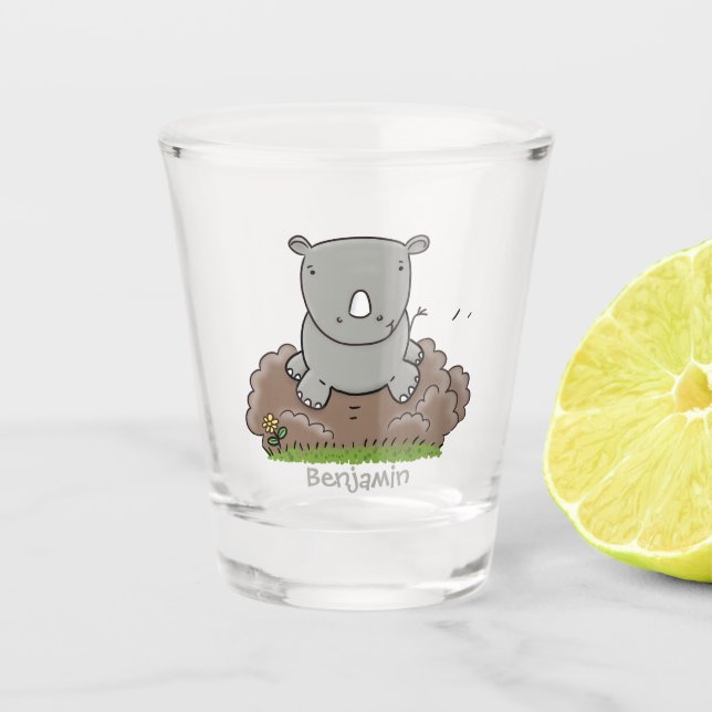 Cute baby rhino cartoon illustration shot glass (Front)
