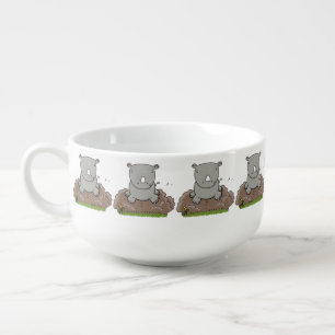 Cute baby rhino cartoon illustration soup mug